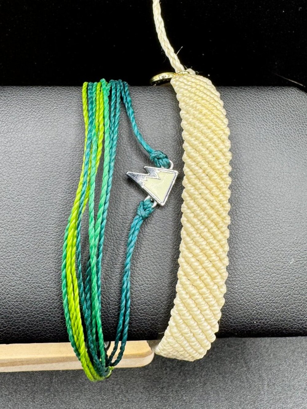 Pura Vida Cream Mountain Charm Green Woven Boho Cord Bracelet Stack